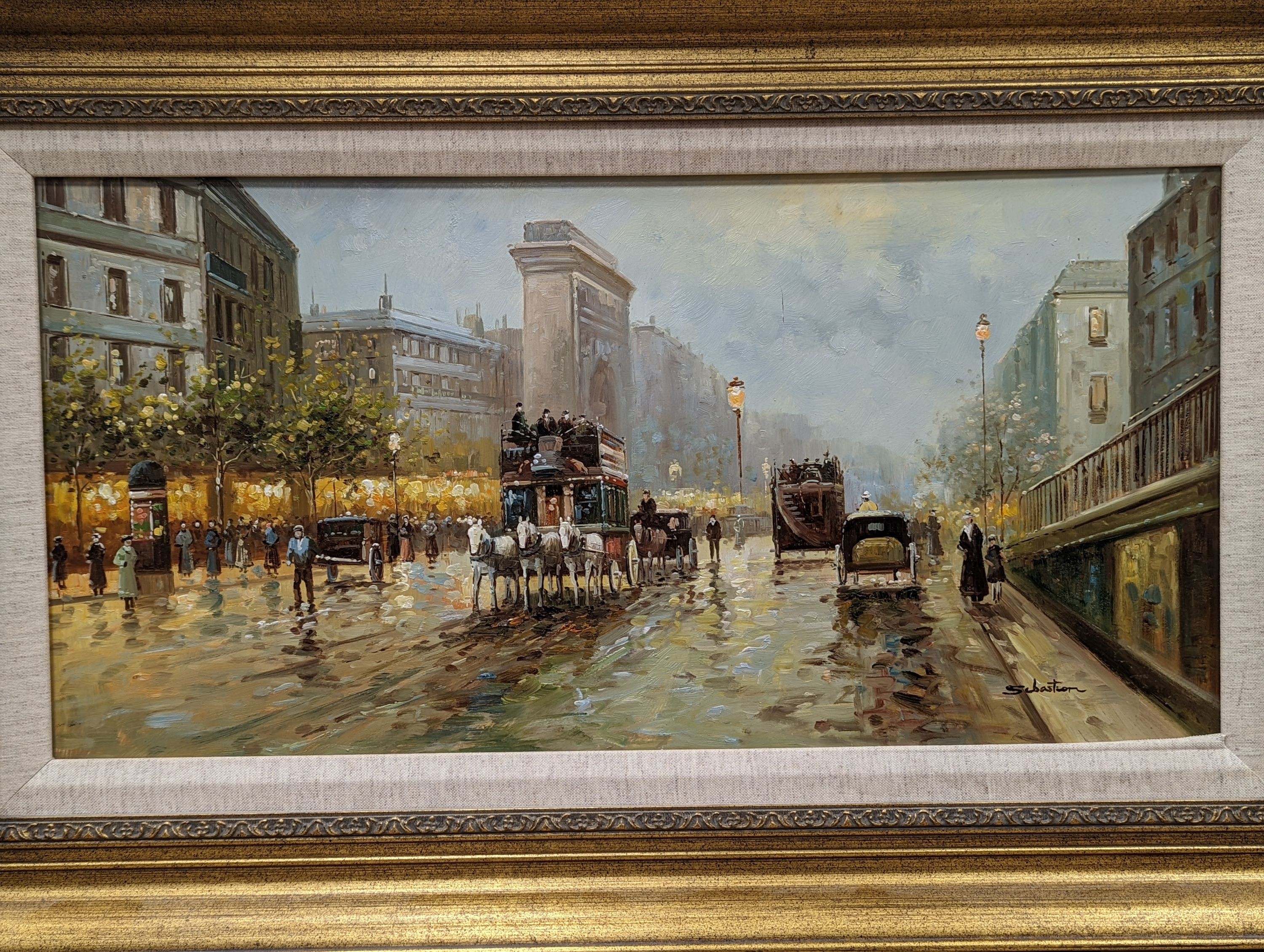 Sebastian, oil on board, Paris street scene, signed, 29 x 59.5cm